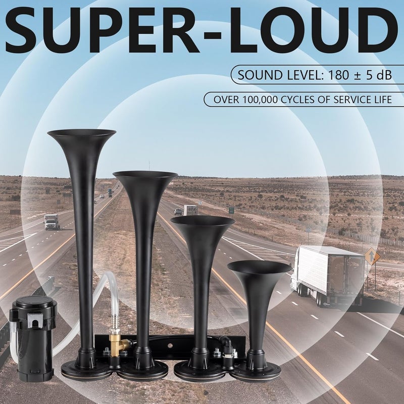 banhao Air Horn 4-Tube Train Horn Truck Air Horns 4 Trumpet Kit for Trucks 12V 180dB Super Loud with Compressor Suitable for Pickup Motorhome SUV Train Boat - Image 5